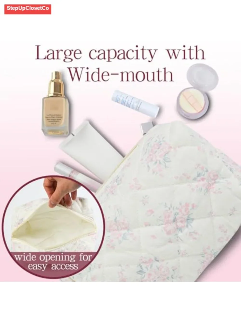 Quilted Cotton Makeup Pouch Puffy Cosmetic Bag with Cute Floral Pattern, Travel